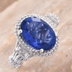 Filagree Platinum Band Baguette Topaz and Blue Fluorite Halo Statement Ring NEW